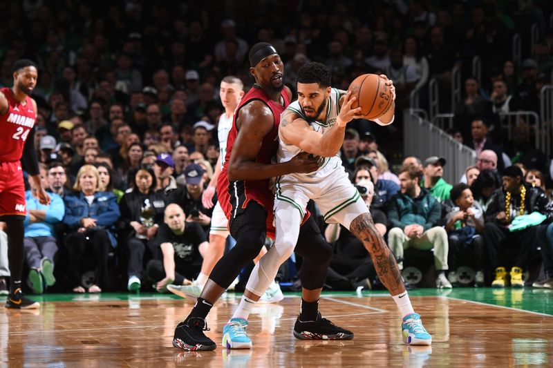 BOSTON, MA - APRIL 21: Jayson Tatum #0 of the Boston Celtics handles the ball during the game against the Miami Heat during Round 1 Game 1 of the 2024 NBA Playoffs on April 21, 2024 at the TD Garden in Boston, Massachusetts. NOTE TO USER: User expressly acknowledges and agrees that, by downloading and or using this photograph, User is consenting to the terms and conditions of the Getty Images License Agreement. Mandatory Copyright Notice: Copyright 2024 NBAE  (Photo by Brian Babineau/NBAE via Getty Images)