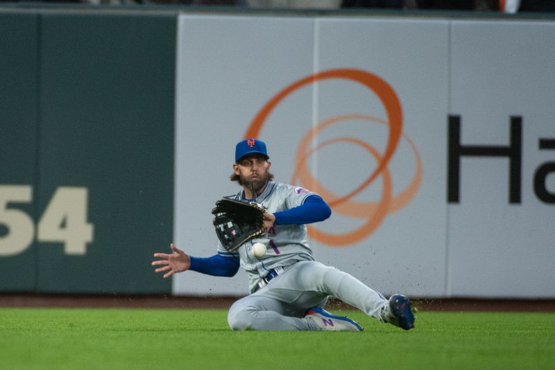 Apr 23, 2024; San Francisco, California, USA;  New York Mets left fielder Jeff McNeil (1) is unable to make a catch during the fifth inning against the San Francisco Giants  at Oracle Park. Mandatory Credit: Ed Szczepanski-USA TODAY Sports