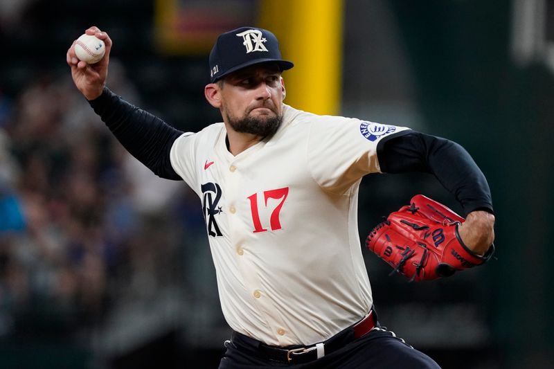 Jul 19, 2024; Arlington, Texas, USA; Texas Rangers pitcher Nathan Eovaldi (17) throws to the plate during the first inning against the Baltimore Orioles at Globe Life Field. Mandatory Credit: Raymond Carlin III-USA TODAY Sports