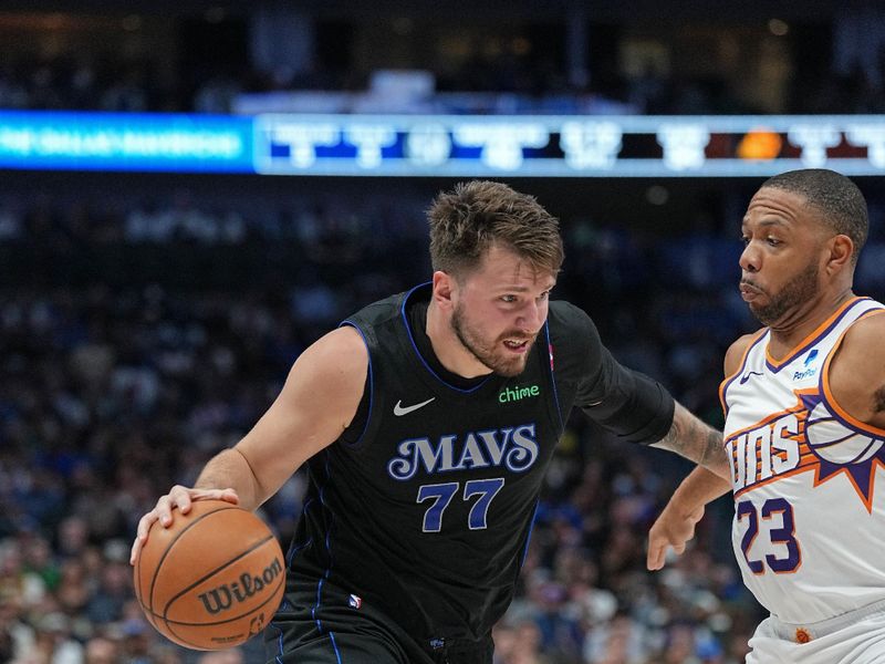 DALLAS, TX - FEBRUARY 22: Luka Doncic #77 of the Dallas Mavericks handles the ball during the game against the Phoenix Suns on February 22, 2024 at the American Airlines Center in Dallas, Texas. NOTE TO USER: User expressly acknowledges and agrees that, by downloading and or using this photograph, User is consenting to the terms and conditions of the Getty Images License Agreement. Mandatory Copyright Notice: Copyright 2024 NBAE (Photo by Glenn James/NBAE via Getty Images)