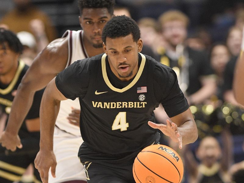 Mar 11, 2023; Nashville, TN, USA;  Vanderbilt Commodores guard Jordan Wright (4) dribbles the ball against the Texas A&M during the first half at Bridgestone Arena. Mandatory Credit: Steve Roberts-USA TODAY Sports