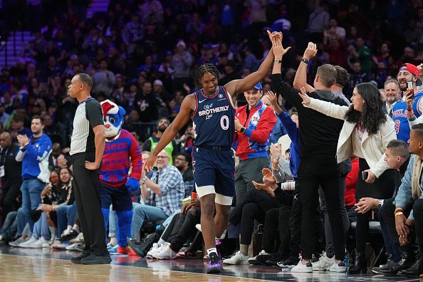 PHILADELPHIA, PA - DECEMBER 20: Tyrese Maxey #0 of the Philadelphia 76ers celebrates during the game against the Minnesota Timberwolves on December 20, 2023 at the Wells Fargo Center in Philadelphia, Pennsylvania NOTE TO USER: User expressly acknowledges and agrees that, by downloading and/or using this Photograph, user is consenting to the terms and conditions of the Getty Images License Agreement. Mandatory Copyright Notice: Copyright 2023 NBAE (Photo by Jesse D. Garrabrant/NBAE via Getty Images)
