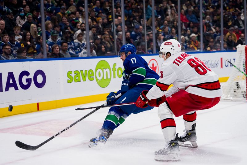 Dec 9, 2023; Vancouver, British Columbia, CAN; Carolina Hurricanes forward Martin Necas (88) stick checks Vancouver Canucks defenseman Filip Hronek (17) in the second period at Rogers Arena. Mandatory Credit: Bob Frid-USA TODAY Sports