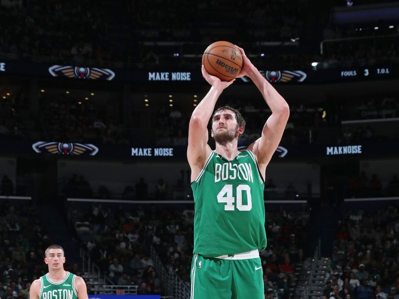 NEW ORLEANS, LA - JANUARY 31: Luke Kornet #40 of the Boston Celtics shoots a free throw during the game against the New Orleans Pelicans  on January 31, 2025 at the Smoothie King Center in New Orleans, Louisiana. NOTE TO USER: User expressly acknowledges and agrees that, by downloading and or using this Photograph, user is consenting to the terms and conditions of the Getty Images License Agreement. Mandatory Copyright Notice: Copyright 2025 NBAE (Photo by Layne Murdoch Jr./NBAE via Getty Images)