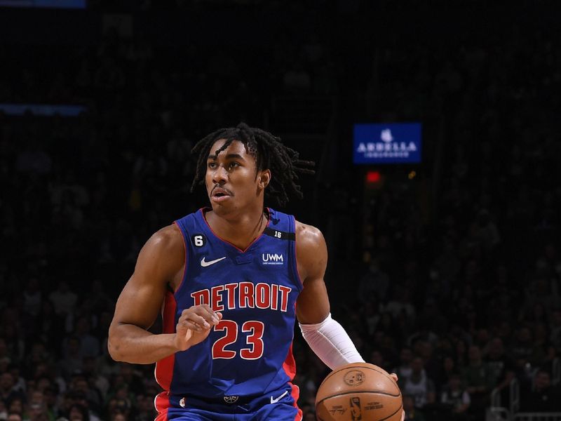 BOSTON, MA - FEBRUARY 15: Jaden Ivey #23 of the Detroit Pistons handles the ball during the game against the Boston Celtics on February 15, 2023 at the TD Garden in Boston, Massachusetts.  NOTE TO USER: User expressly acknowledges and agrees that, by downloading and or using this photograph, User is consenting to the terms and conditions of the Getty Images License Agreement. Mandatory Copyright Notice: Copyright 2023 NBAE  (Photo by Brian Babineau/NBAE via Getty Images)