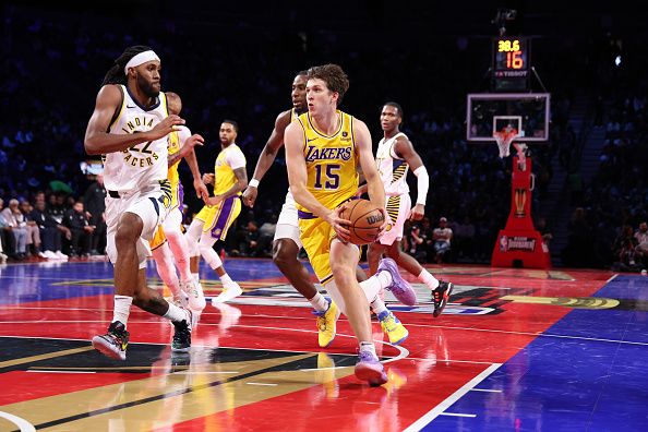 LAS VEGAS, NV - DECEMBER 9: Austin Reaves #15 of the Los Angeles Lakers drives to the basket during the game against the Indiana Pacers during the In-Season Tournament Championship game on December 9, 2023 at T-Mobile Arena in Las Vegas, Nevada. NOTE TO USER: User expressly acknowledges and agrees that, by downloading and or using this photograph, User is consenting to the terms and conditions of the Getty Images License Agreement. Mandatory Copyright Notice: Copyright 2023 NBAE (Photo by Jeff Haynes/NBAE via Getty Images)