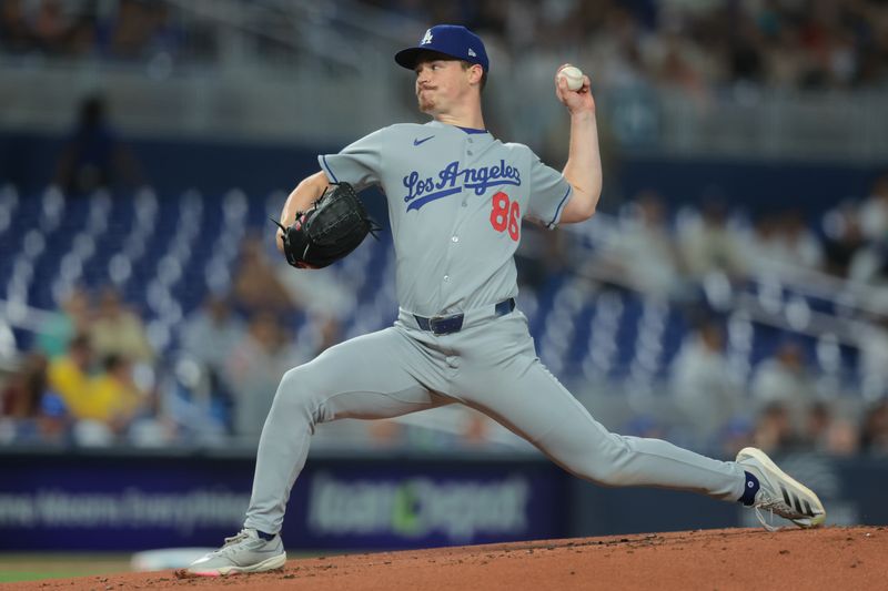 May 5, 2025; Miami, Florida, USA; Los Angeles Dodgers starting pitcher Jack Dreyer (86) delivers a pitch against the Miami Marlins during the first inning at loanDepot Park. Mandatory Credit: Sam Navarro-Imagn Images