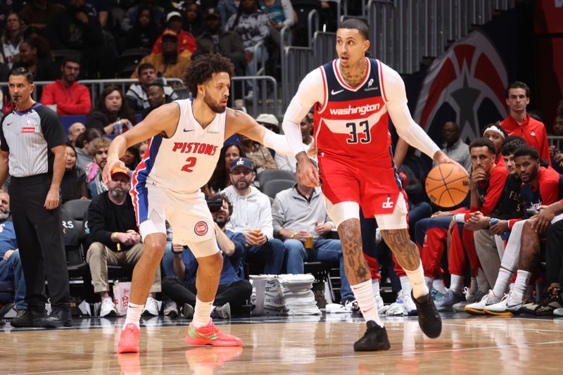 WASHINGTON, DC -? NOVEMBER 17: Kyle Kuzma #33 of the Washington Wizards dribbles the ball during the game against the Detroit Pistons on November 17, 2024 at Capital One Arena in Washington, DC. NOTE TO USER: User expressly acknowledges and agrees that, by downloading and or using this Photograph, user is consenting to the terms and conditions of the Getty Images License Agreement. Mandatory Copyright Notice: Copyright 2024 NBAE (Photo by Kenny Giarla/NBAE via Getty Images)