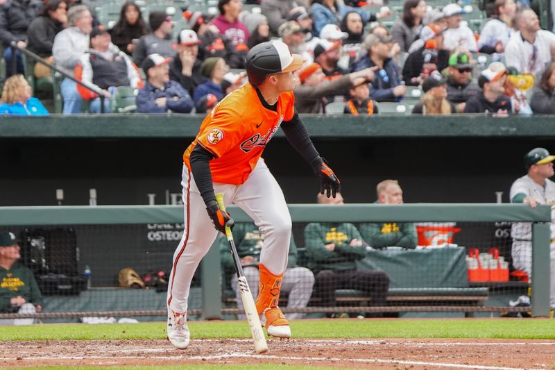 Apr 27, 2024; Baltimore, Maryland, USA; Baltimore Orioles first baseman Ryan Mountcastle (6) watches his home run during the fifth inning against the Oakland Athletics at Oriole Park at Camden Yards. Mandatory Credit: Gregory Fisher-USA TODAY Sports