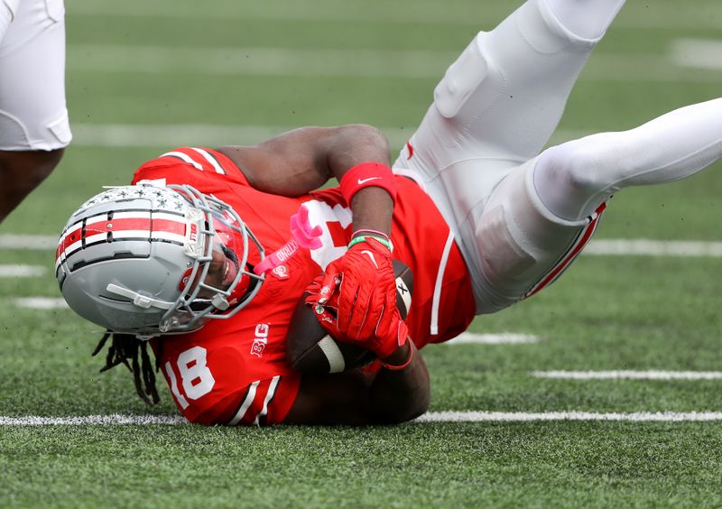 Oct 21, 2023; Columbus, Ohio, USA;  Ohio State Buckeyes wide receiver Marvin Harrison Jr. (18) makes a diving catch against the Penn State Nittany Lions during the second quarter at Ohio Stadium. Mandatory Credit: Joseph Maiorana-USA TODAY Sports