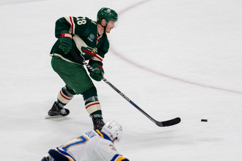 Apr 8, 2023; Saint Paul, Minnesota, USA; Minnesota Wild center Gustav Nyquist (28) makes a pass against the St. Louis Blues in the second period at Xcel Energy Center. Mandatory Credit: Matt Blewett-USA TODAY Sports