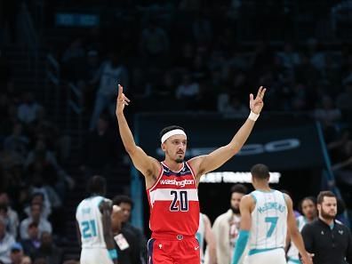 CHARLOTTE, NC - NOVEMBER 22: Landry Shamet #20 of the Washington Wizards celebrates during the game against the Charlotte Hornets on November 22, 2023 at Spectrum Center in Charlotte, North Carolina. NOTE TO USER: User expressly acknowledges and agrees that, by downloading and or using this photograph, User is consenting to the terms and conditions of the Getty Images License Agreement.  Mandatory Copyright Notice:  Copyright 2023 NBAE (Photo by Brock Williams-Smith/NBAE via Getty Images)