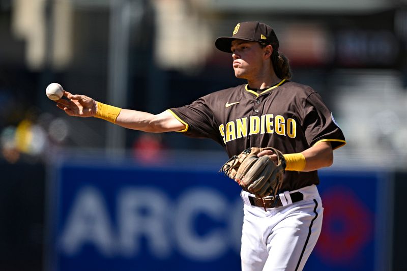 Mar 26, 2024; San Diego, California, USA; San Diego Padres second baseman Nik McClaughry (84) throws to first base during the seventh inning against the Seattle Mariners at Petco Park. Mandatory Credit: Orlando Ramirez-USA TODAY Sports