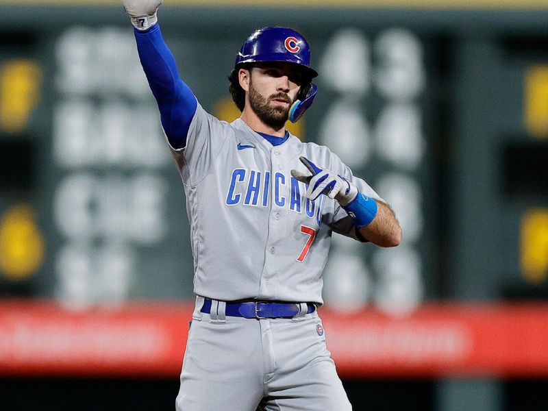 Sep 11, 2023; Denver, Colorado, USA; Chicago Cubs shortstop Dansby Swanson (7) reacts from second on a double in the ninth inning against the Colorado Rockies at Coors Field. Mandatory Credit: Isaiah J. Downing-USA TODAY Sports