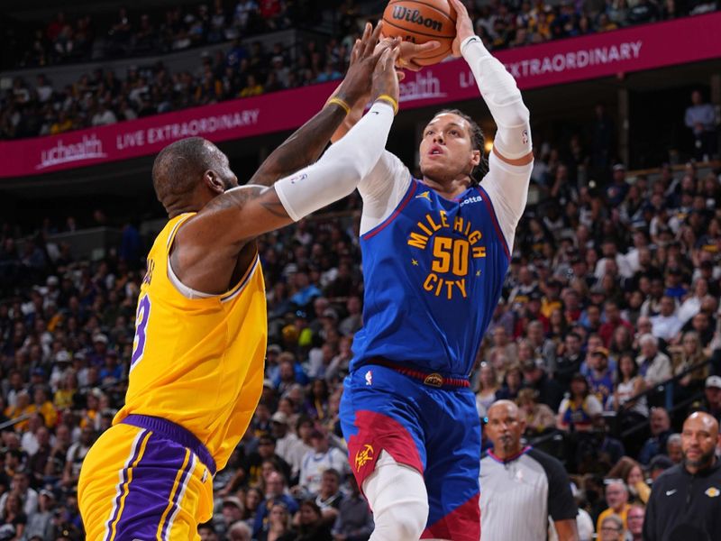 DENVER, CO - OCTOBER 24: Aaron Gordon #50 of the Denver Nuggets shoots the ball during the game against the Los Angeles Lakers on October 24, 2023 at the Ball Arena in Denver, Colorado. NOTE TO USER: User expressly acknowledges and agrees that, by downloading and/or using this Photograph, user is consenting to the terms and conditions of the Getty Images License Agreement. Mandatory Copyright Notice: Copyright 2023 NBAE (Photo by Bart Young/NBAE via Getty Images)