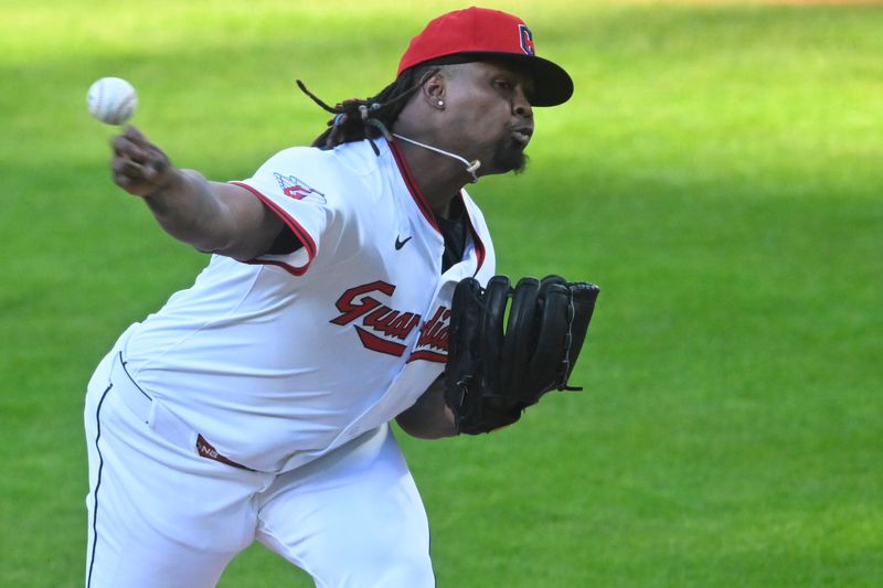 Apr 12, 2025; Cleveland, Ohio, USA; Cleveland Guardians starting pitcher Luis Ortiz (45) delivers a pitch in the first inning against the Kansas City Royals at Progressive Field. Mandatory Credit: David Richard-Imagn Images