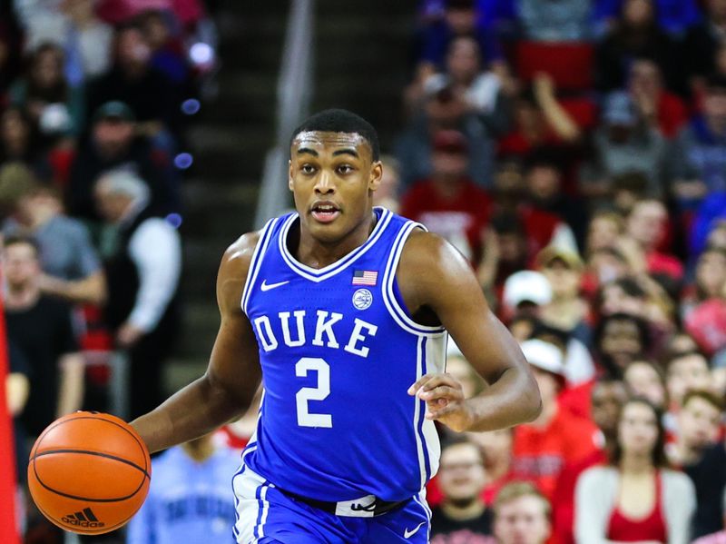 Jan 4, 2023; Raleigh, North Carolina, USA;  Duke Blue Devils guard Jaylen Blakes (2) runs with the ball down teh court during the second half against North Carolina State Wolfpack at PNC Arena. Mandatory Credit: Jaylynn Nash-USA TODAY Sports