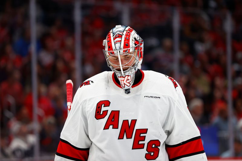 Mar 22, 2024; Washington, District of Columbia, USA; Carolina Hurricanes goaltender Pyotr Kochetkov (52) looks on during the third period against the Washington Capitals at Capital One Arena. Mandatory Credit: Amber Searls-USA TODAY Sports