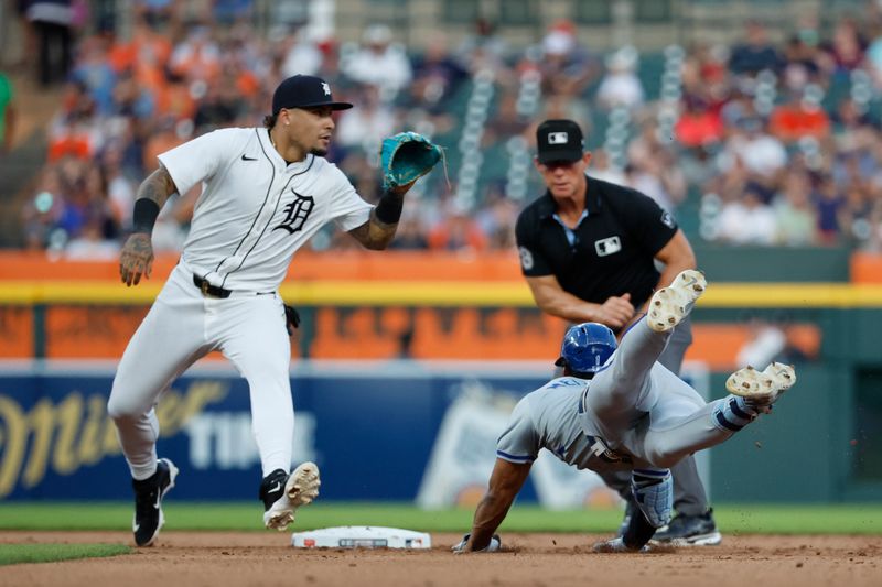 Aug 3, 2024; Detroit, Michigan, USA;  Kansas City Royals outfielder MJ Melendez (1) dive into second trying to stretch a single in the seventh inning against the Detroit Tigers at  Comerica Park. Mandatory Credit: Rick Osentoski-USA TODAY Sports