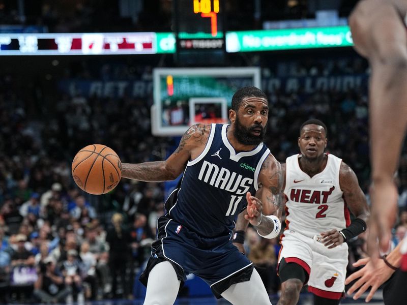 DALLAS, TX - MARCH 7: Kyrie Irving #11 of the Dallas Mavericks drives to the basket during the game against the Miami Heat on March 7, 2024 at the American Airlines Center in Dallas, Texas. NOTE TO USER: User expressly acknowledges and agrees that, by downloading and or using this photograph, User is consenting to the terms and conditions of the Getty Images License Agreement. Mandatory Copyright Notice: Copyright 2024 NBAE (Photo by Glenn James/NBAE via Getty Images)