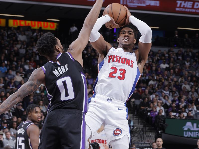 SACRAMENTO, CA - FEBRUARY 7: Jaden Ivey #23 of the Detroit Pistons shoots the ball during the game against the Sacramento Kings on February 7, 2024 at Golden 1 Center in Sacramento, California. NOTE TO USER: User expressly acknowledges and agrees that, by downloading and or using this Photograph, user is consenting to the terms and conditions of the Getty Images License Agreement. Mandatory Copyright Notice: Copyright 2024 NBAE (Photo by Rocky Widner/NBAE via Getty Images)