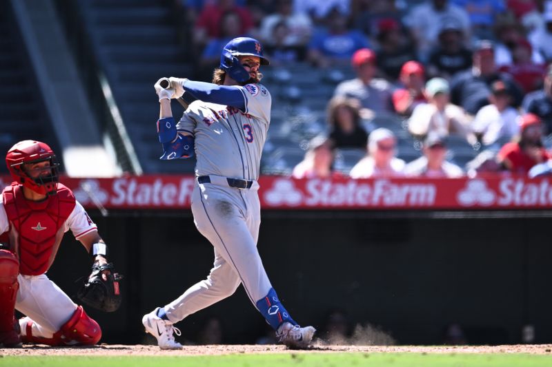 Aug 4, 2024; Anaheim, California, USA; New York Mets outfielder Jesse Winker (3) is forced out at first base against the Los Angeles Angels during the eighth inning at Angel Stadium. Mandatory Credit: Jonathan Hui-USA TODAY Sports