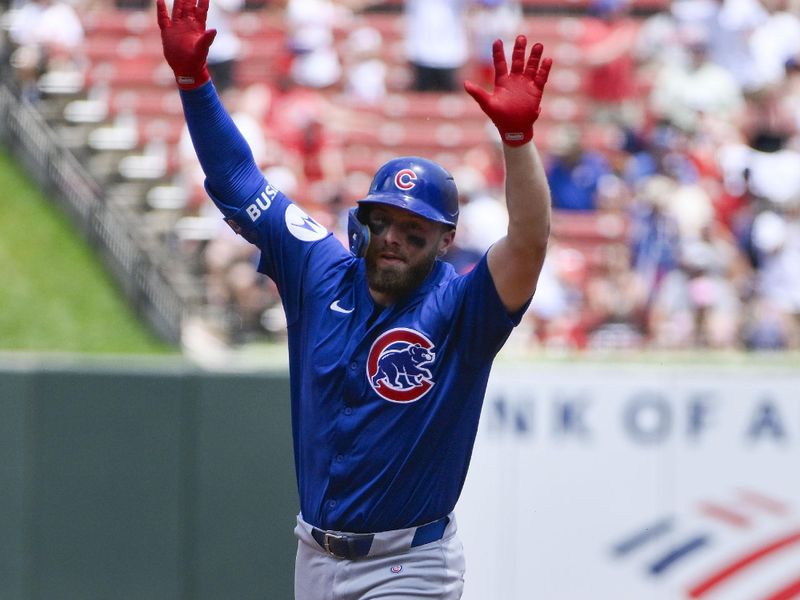 Jun 26, 2025; St. Louis, Missouri, USA;  Chicago Cubs first baseman Michael Busch (29) reacts as he runs the bases after hitting a solo home run against the St. Louis Cardinals during the second inning at Busch Stadium. Mandatory Credit: Jeff Curry-Imagn Images