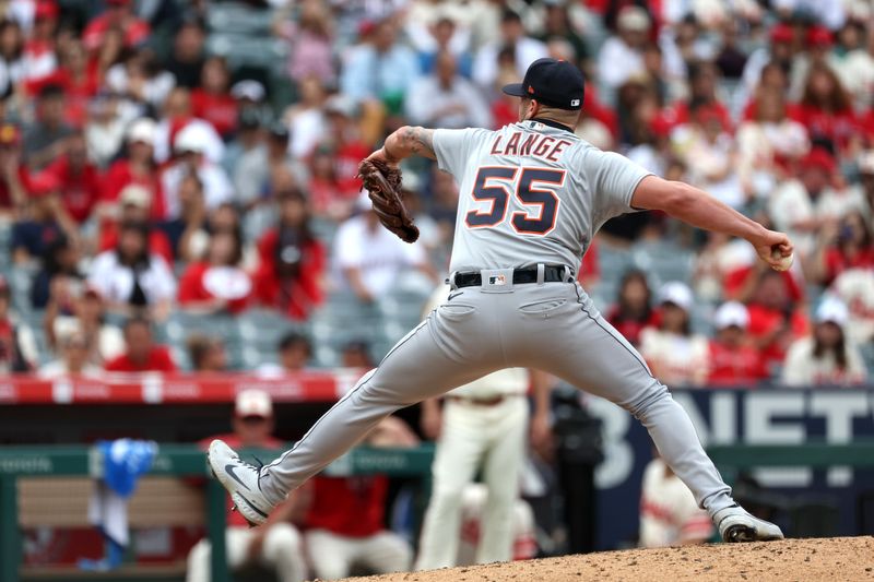 Sep 17, 2023; Anaheim, California, USA;  Detroit Tigers relief pitcher Alex Lange (55) pitches during the ninth inning against the Los Angeles Angels at Angel Stadium. Mandatory Credit: Kiyoshi Mio-USA TODAY Sports