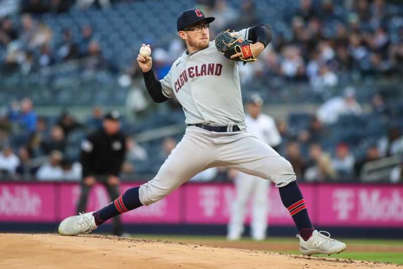 May 2, 2023; Bronx, New York, USA;  Cleveland Guardians starting pitcher Tanner Bibee (61) pitches in the first inning against the against the New York Yankees at Yankee Stadium. Mandatory Credit: Wendell Cruz-USA TODAY Sports