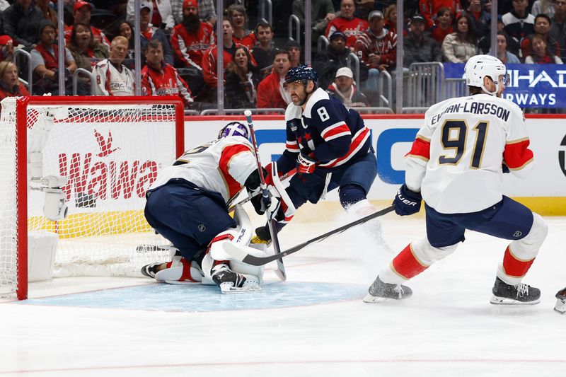 Nov 8, 2023; Washington, District of Columbia, USA; Washington Capitals left wing Alex Ovechkin (8) skates with the puck behind Florida Panthers goaltender Sergei Bobrovsky (72) in the first period at Capital One Arena. Mandatory Credit: Geoff Burke-USA TODAY Sports