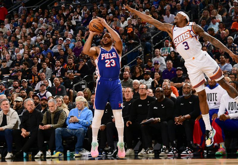 PHOENIX, AZ - NOVEMBER 4: Eric Gordon #23 of the Philadelphia 76ers shoots a three point basket during the game against the Phoenix Suns on November 4, 2024 at Footprint Center in Phoenix, Arizona. NOTE TO USER: User expressly acknowledges and agrees that, by downloading and or using this photograph, user is consenting to the terms and conditions of the Getty Images License Agreement. Mandatory Copyright Notice: Copyright 2024 NBAE (Photo by Kate Frese/NBAE via Getty Images)