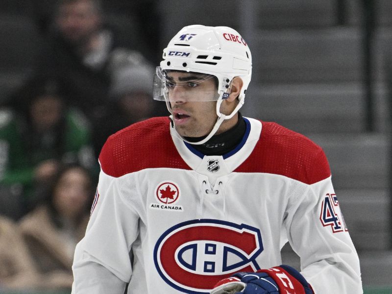 Jan 2, 2024; Dallas, Texas, USA; Montreal Canadiens defenseman Jayden Struble (47) skates against the Dallas Stars during the third period at the American Airlines Center. Mandatory Credit: Jerome Miron-USA TODAY Sports