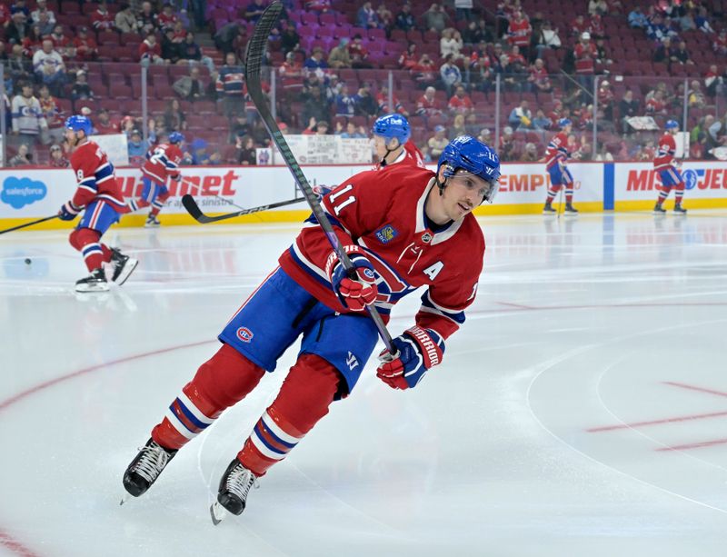 Oct 9, 2024; Montreal, Quebec, CAN; Montreal Canadiens forward Brendan Gallagher (11) skates during the warmup period before the game against the Toronto Maple Leafs at the Bell Centre. Mandatory Credit: Eric Bolte-Imagn Images