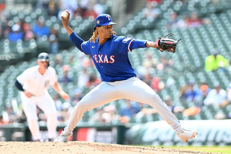 Apr 18, 2024; Detroit, Michigan, USA;  Texas Rangers pitcher Jose Urena (54) throws a pitch against the Detroit Tigers in the sixth inning at Comerica Park. Mandatory Credit: Lon Horwedel-USA TODAY Sports