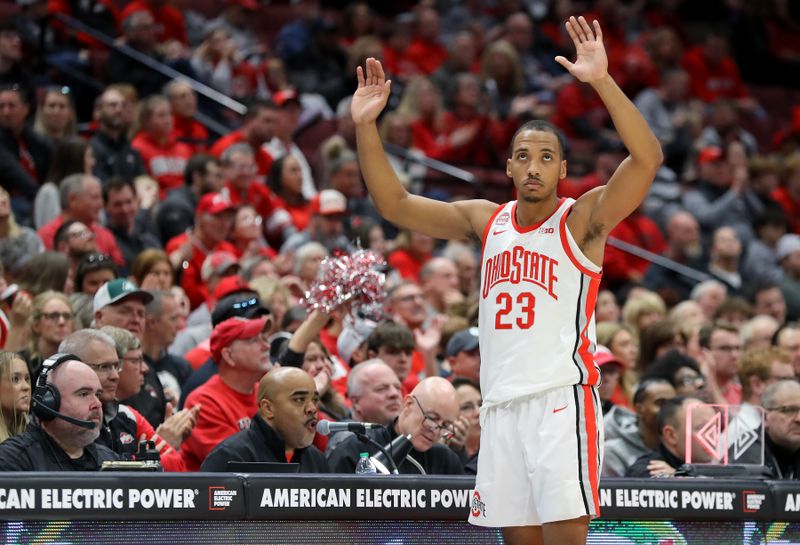 Nov 19, 2023; Columbus, Ohio, USA; Ohio State Buckeyes forward Zed Key (23) celebrates a three point basket during the first half against the Western Michigan Broncos at Value City Arena. Mandatory Credit: Joseph Maiorana-USA TODAY Sports