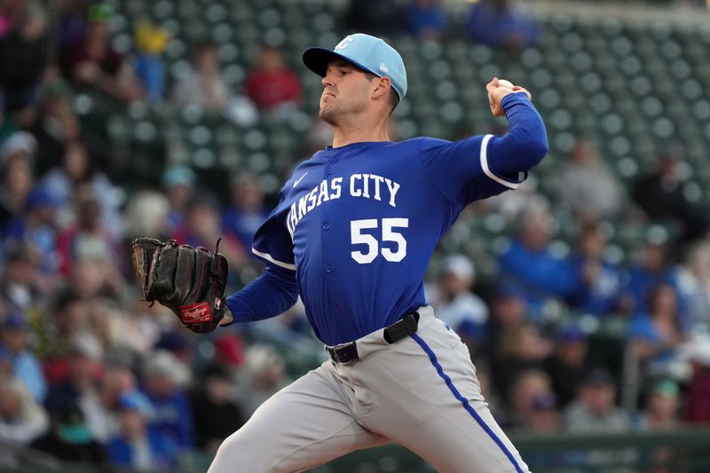 Mar 6, 2025; Mesa, Arizona, USA; Kansas City Royals pitcher Cole Ragans (55) throws against the Chicago Cubs in the first inning at Sloan Park. Mandatory Credit: Rick Scuteri-Imagn Images