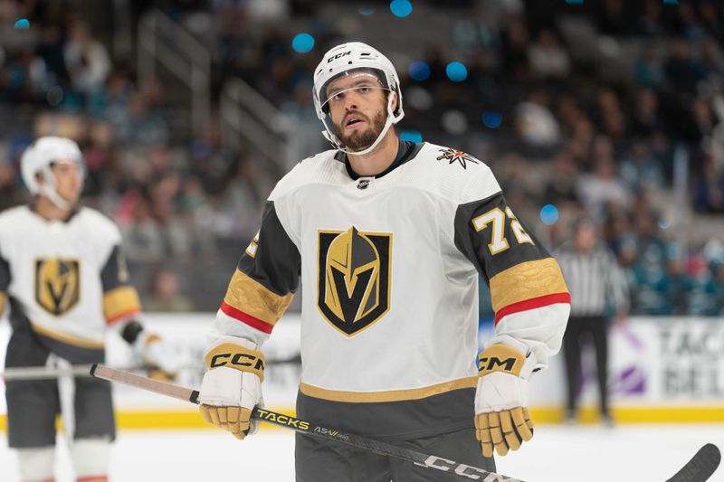 Sep 24, 2023; San Jose, California, USA;  Vegas Golden Knights center Gage Quinney (72) during the third period against the San Jose Sharks at SAP Center at San Jose. Mandatory Credit: Stan Szeto-USA TODAY Sports