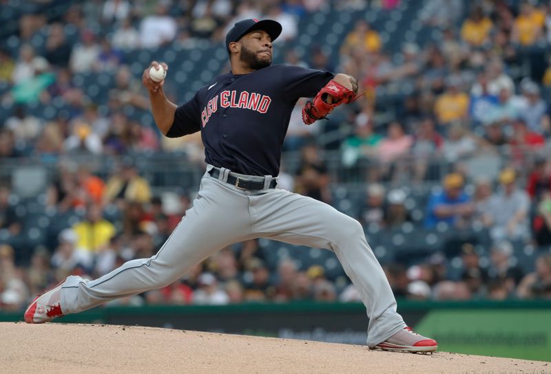 Jul 17, 2023; Pittsburgh, Pennsylvania, USA;  Cleveland Guardians starting pitcher Xzavion Curry (44) delivers a pitch against the Pittsburgh Pirates during the first inning at PNC Park. Mandatory Credit: Charles LeClaire-USA TODAY Sports