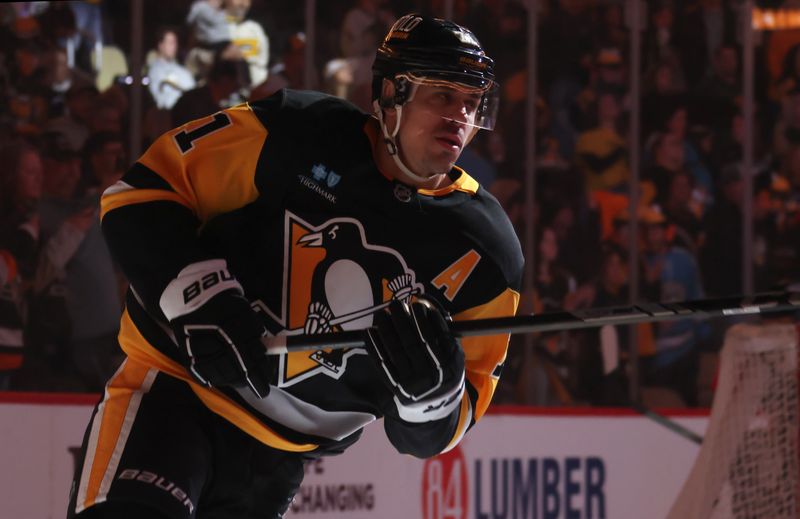Apr 13, 2025; Pittsburgh, Pennsylvania, USA;  Pittsburgh Penguins center Evgeni Malkin (71) takes the ice against the Boston Bruins at PPG Paints Arena. Mandatory Credit: Charles LeClaire-Imagn Images