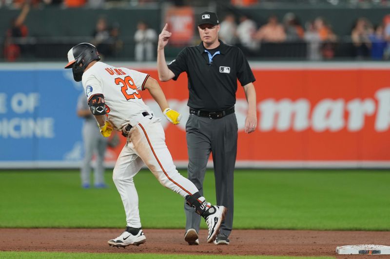 Jun 24, 2025; Baltimore, Maryland, USA; Baltimore Orioles first baseman Ramon Urias (29) rounds the bases following his solo home run during the seventh inning against the Texas Rangers at Oriole Park at Camden Yards. Mandatory Credit: Mitch Stringer-Imagn Images