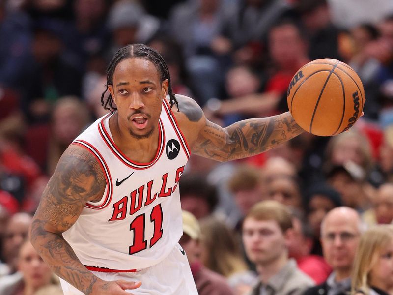 CHICAGO, ILLINOIS - FEBRUARY 03: DeMar DeRozan #11 of the Chicago Bulls dribbles up the court against the Sacramento Kings during the second half at the United Center on February 03, 2024 in Chicago, Illinois. NOTE TO USER: User expressly acknowledges and agrees that, by downloading and or using this photograph, User is consenting to the terms and conditions of the Getty Images License Agreement.  (Photo by Michael Reaves/Getty Images)