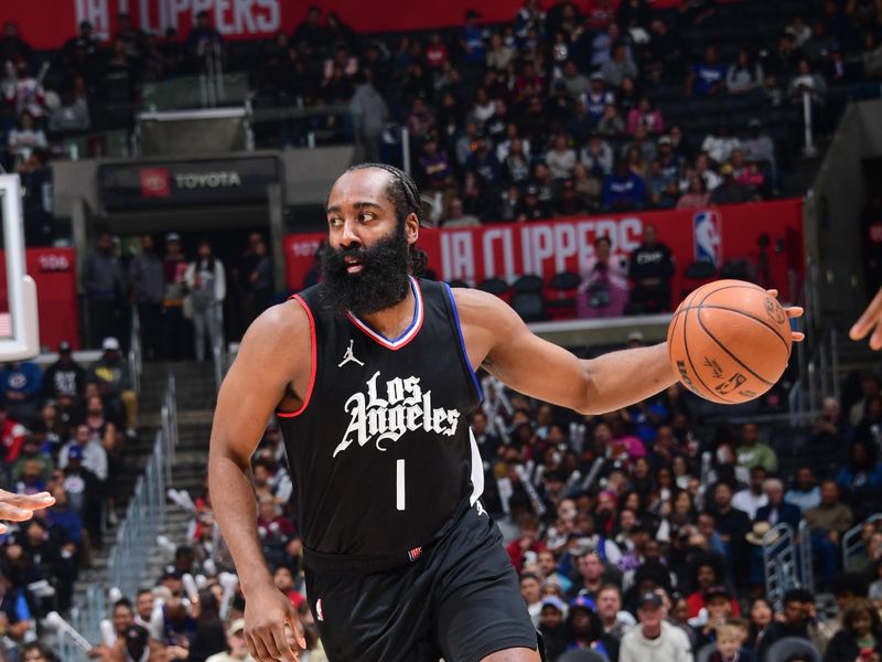 LOS ANGELES, CA - FEBRUARY 10:  James Harden #1 of the LA Clippers goes to the basket during the game the game  on February 10, 2024 at Crypto.Com Arena in Los Angeles, California. NOTE TO USER: User expressly acknowledges and agrees that, by downloading and/or using this Photograph, user is consenting to the terms and conditions of the Getty Images License Agreement. Mandatory Copyright Notice: Copyright 2024 NBAE (Photo by Adam Pantozzi/NBAE via Getty Images)