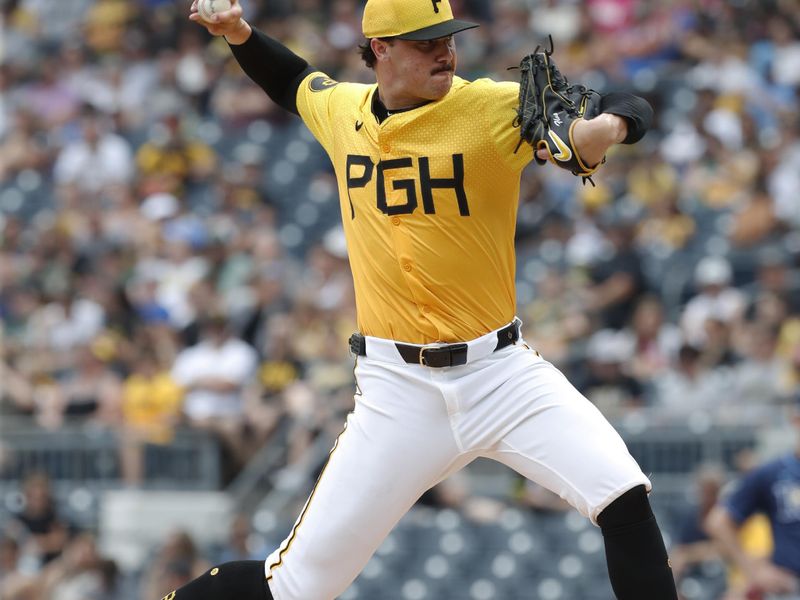 Jun 23, 2024; Pittsburgh, Pennsylvania, USA;  Pittsburgh Pirates starting pitcher Paul Skenes (30) delivers a pitch against the Tampa Bay Rays during the first inning at PNC Park. Mandatory Credit: Charles LeClaire-USA TODAY Sports