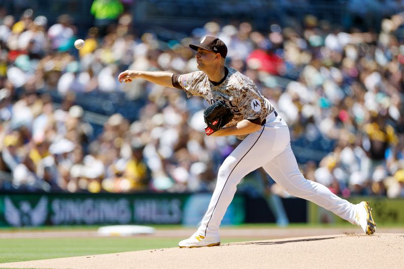 Apr 12, 2025; San Diego, California, USA;  San Diego Padres starting pitcher Michael King (34) throws a pitch during the first inning against the Colorado Rockies at Petco Park. Mandatory Credit: David Frerker-Imagn Images