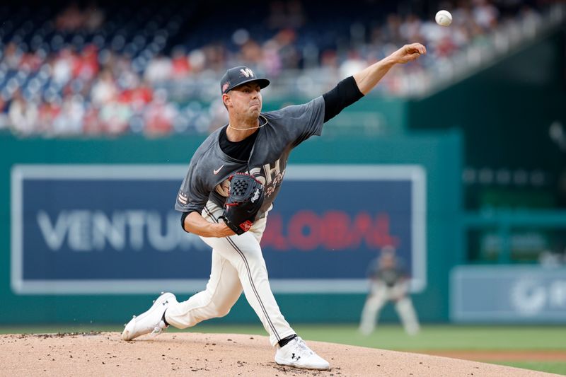 Jul 20, 2024; Washington, District of Columbia, USA; Washington Nationals starting pitcher MacKenzie Gore (1) pitches against the Cincinnati Reds during the first inning at Nationals Park. Mandatory Credit: Geoff Burke-USA TODAY Sports