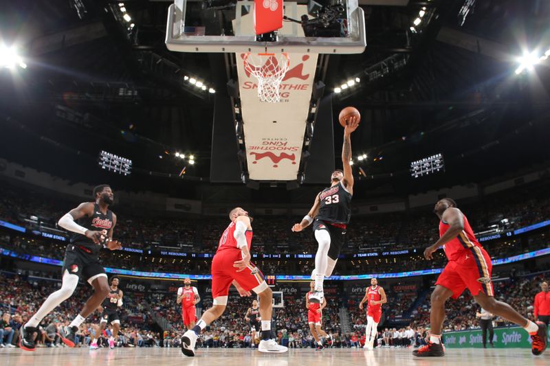 NEW ORLEANS, LA - MARCH 16: Toumani Camara #33 of the Portland Trail Blazers drives to the basket during the game against the New Orleans Pelicans on March 16, 2024 at the Smoothie King Center in New Orleans, Louisiana. NOTE TO USER: User expressly acknowledges and agrees that, by downloading and or using this Photograph, user is consenting to the terms and conditions of the Getty Images License Agreement. Mandatory Copyright Notice: Copyright 2024 NBAE (Photo by Layne Murdoch Jr./NBAE via Getty Images)