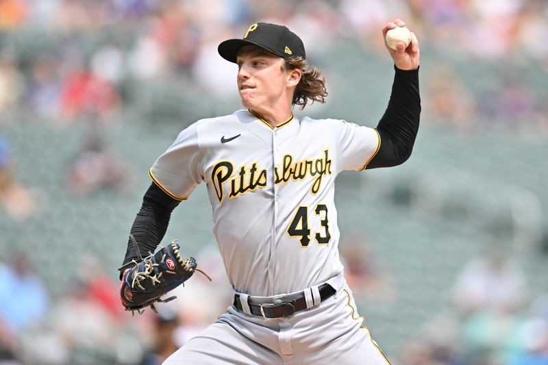 Aug 20, 2023; Minneapolis, Minnesota, USA; Pittsburgh Pirates relief pitcher Ryan Borucki (43) throws a pitch against the Minnesota Twins during the first inning at Target Field. Mandatory Credit: Jeffrey Becker-USA TODAY Sports