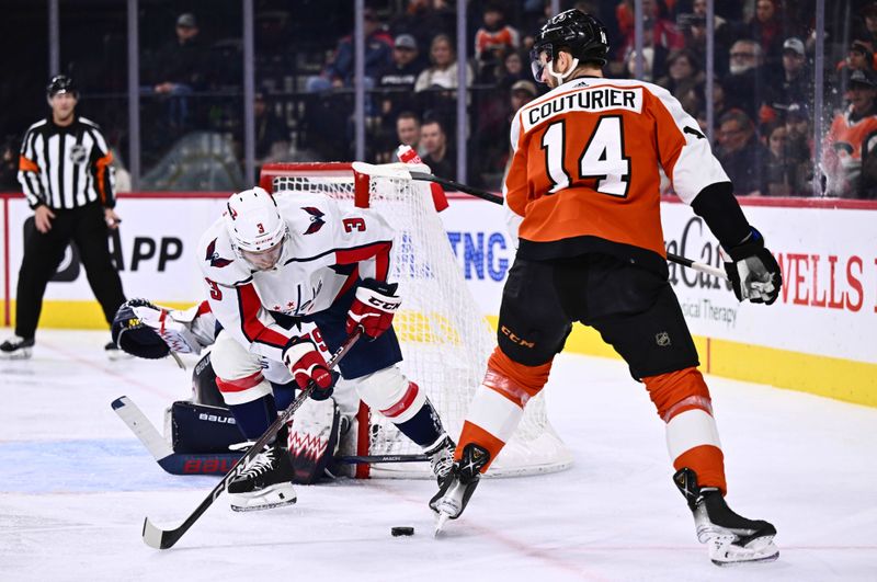 Dec 14, 2023; Philadelphia, Pennsylvania, USA; Washington Capitals defenseman Nick Jensen (3) reaches for the puck against Philadelphia Flyers center Sean Couturier (14) in the first period at Wells Fargo Center. Mandatory Credit: Kyle Ross-USA TODAY Sports