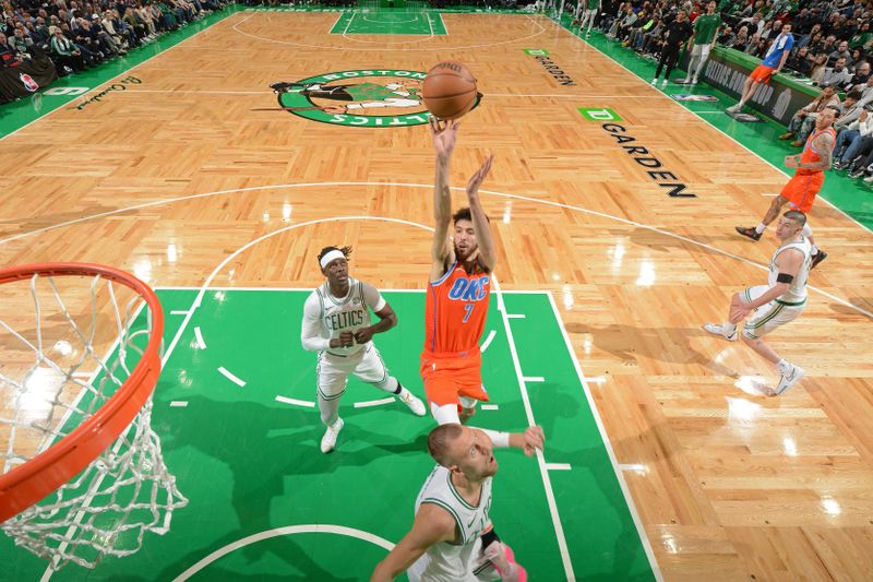 BOSTON, MA - APRIL 3: Chet Holmgren #7 of the Oklahoma City Thunder shoots the ball during the game against the Boston Celtics on April 3, 2024 at the TD Garden in Boston, Massachusetts. NOTE TO USER: User expressly acknowledges and agrees that, by downloading and or using this photograph, User is consenting to the terms and conditions of the Getty Images License Agreement. Mandatory Copyright Notice: Copyright 2024 NBAE  (Photo by Brian Babineau/NBAE via Getty Images)