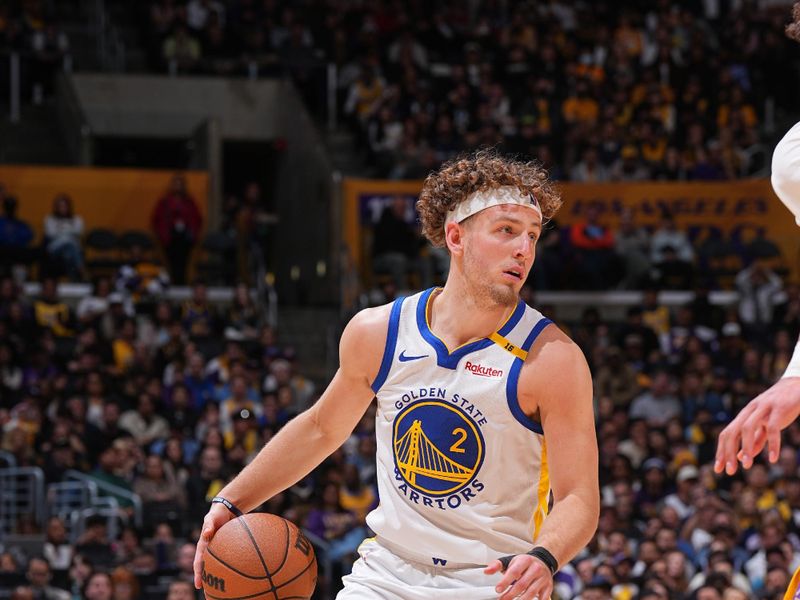 LOS ANGELES, CA - APRIL 3: Brandin Podziemski #2 of the Golden State Warriors dribbles the ball during the game against the Los Angeles Lakers on April 3, 2025 at Crypto.Com Arena in Los Angeles, California. NOTE TO USER: User expressly acknowledges and agrees that, by downloading and/or using this Photograph, user is consenting to the terms and conditions of the Getty Images License Agreement. Mandatory Copyright Notice: Copyright 2025 NBAE (Photo by Garrett Elwood/NBAE via Getty Images)